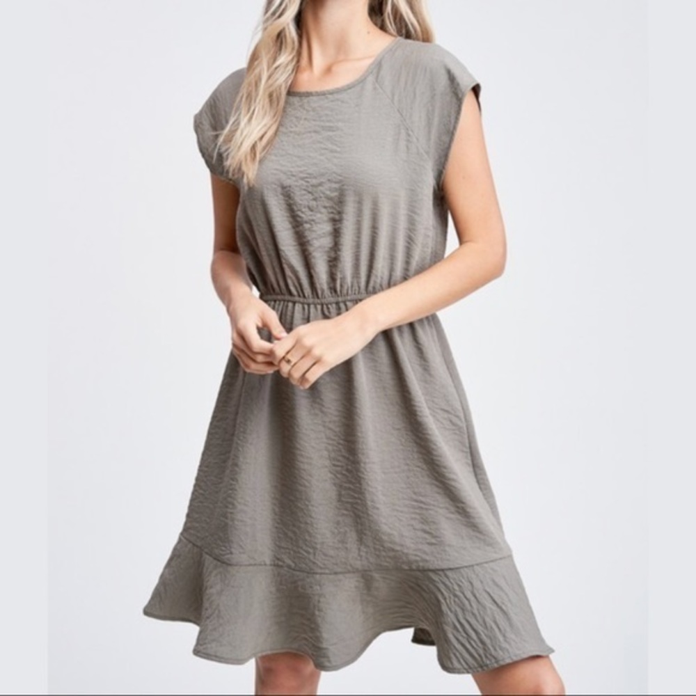 Cap Sleeve Ruffle Dress - Khaki Green Various Size